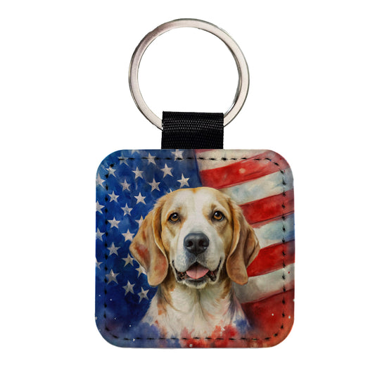 Patriotic Dog Watercolor American Flag Background Square Faux Leather Keychain