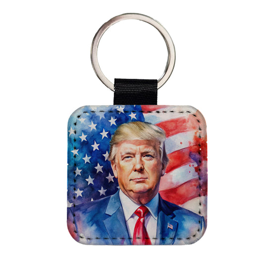 Patriotic Donald Trump American Flag Background Watercolor Square Faux Leather Keychain