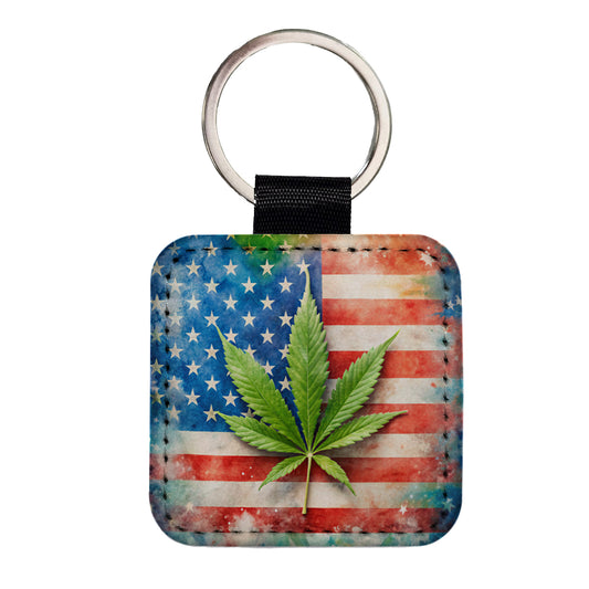 Patriotic Marijuana Leaf on American Flag Background Square Faux Leather Keychain