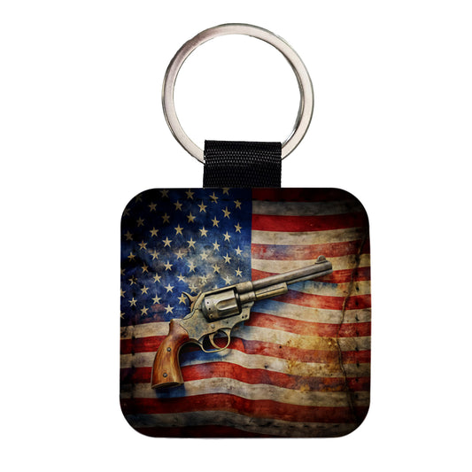 Patriotic Western Revolver With American Flag 2nd Amendment Watercolor Square Faux Leather Keychain