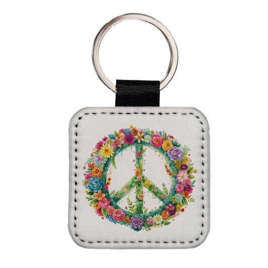 Peace Symbol Floral Watercolor Square Faux Leather Keychain