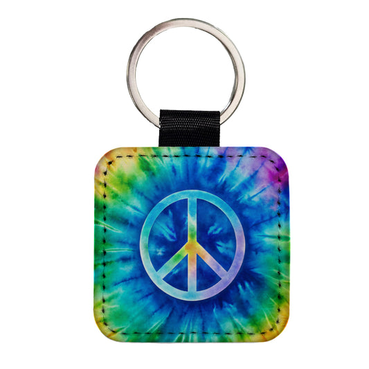 Peace Symbol Rainbow Hippie Tie Dye Background Square Faux Leather Keychain