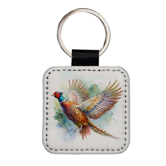 Pheasant In Flight Watercolor Square Faux Leather Keychain