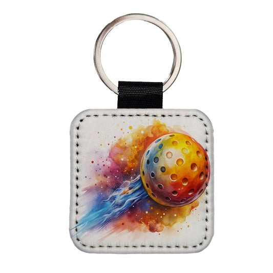 Pickleball Ball Rocketing Through The Air Watercolor Square Faux Leather Keychain