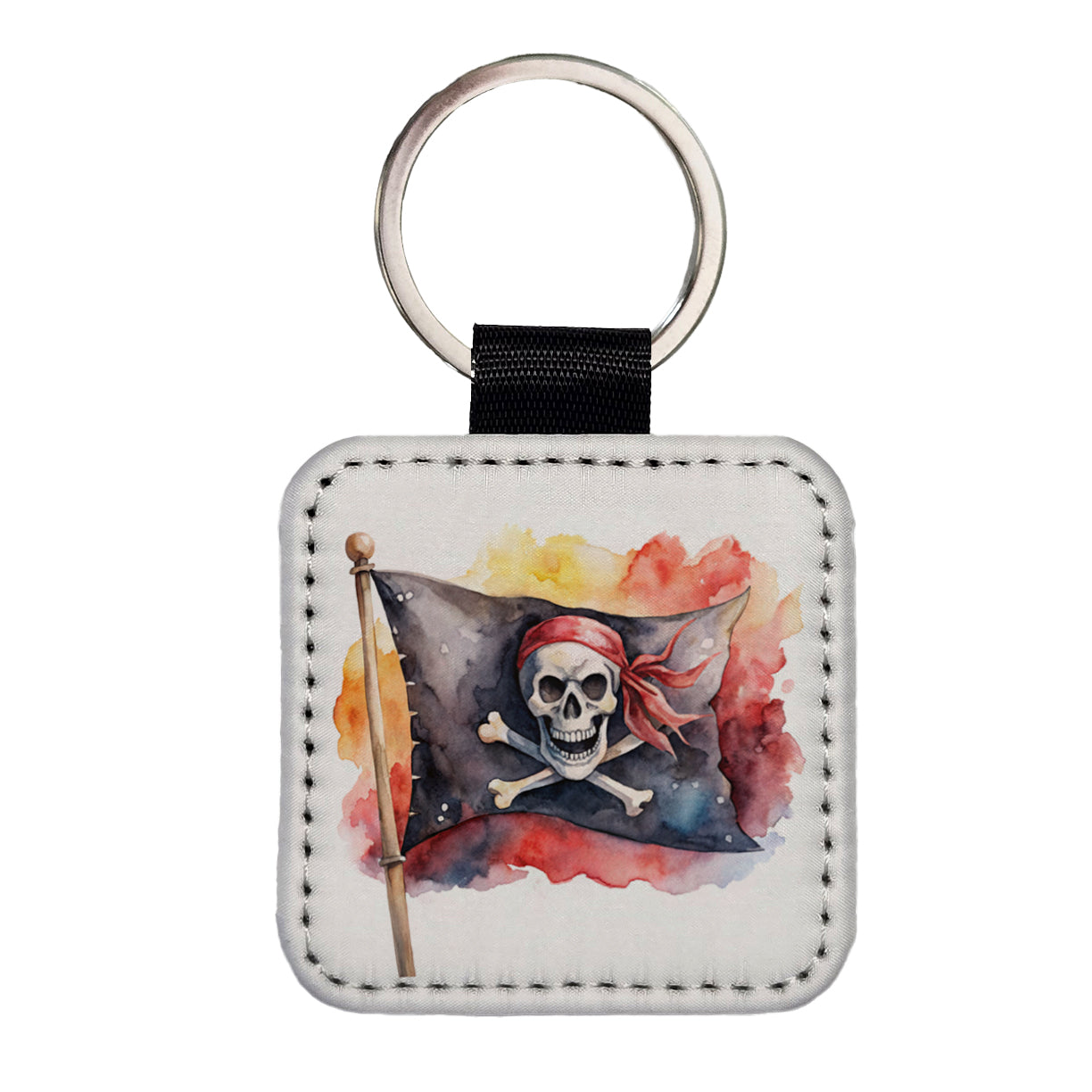 Pirate Jolly Roger Skull Crossbones Flag Watercolor Square Faux Leather Keychain