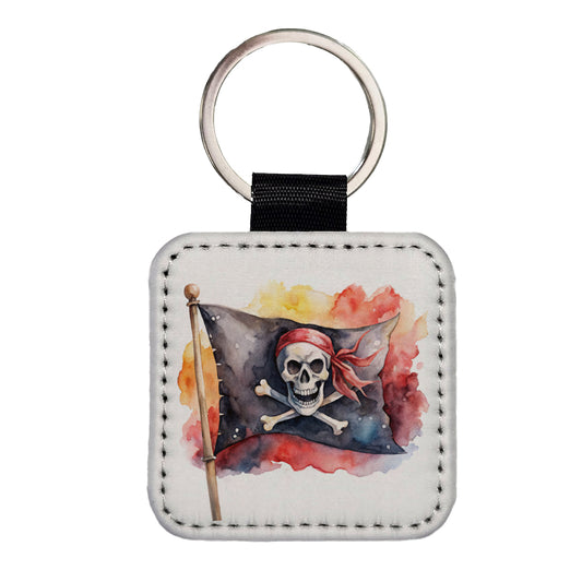 Pirate Jolly Roger Skull Crossbones Flag Watercolor Square Faux Leather Keychain