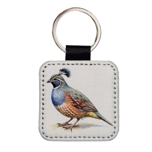 Quail Watercolor Square Faux Leather Keychain
