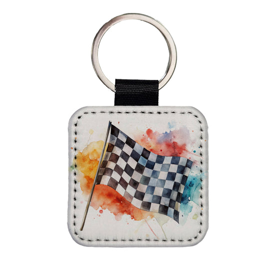 Racing Checkered Flag Watercolor Square Faux Leather Keychain