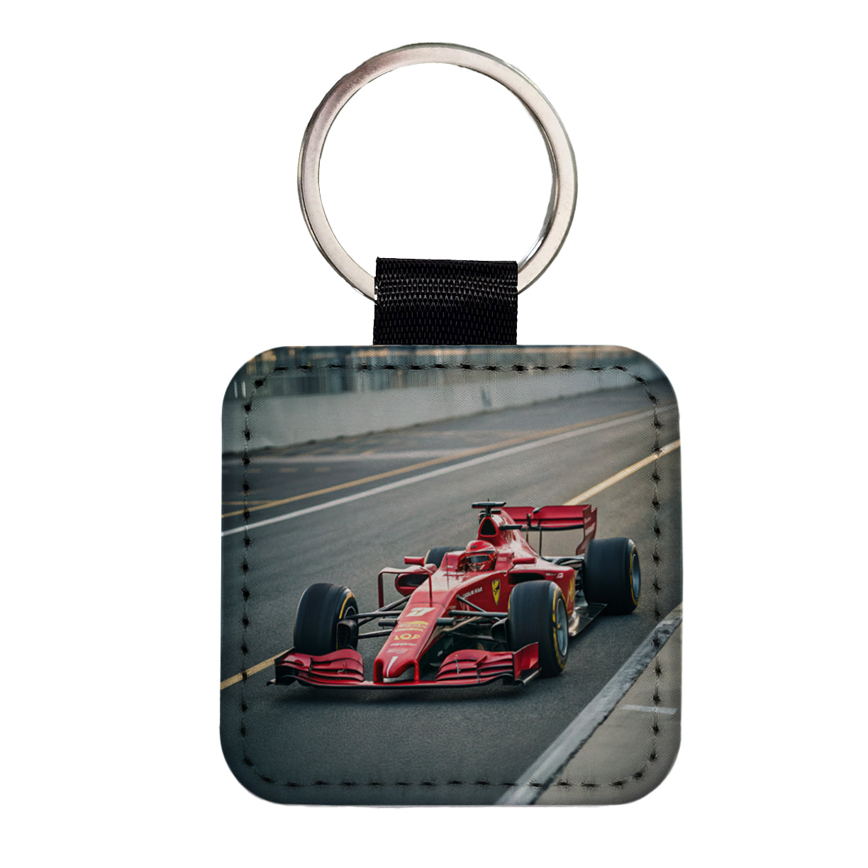 Red Racing Sports Car Square Faux Leather Keychain