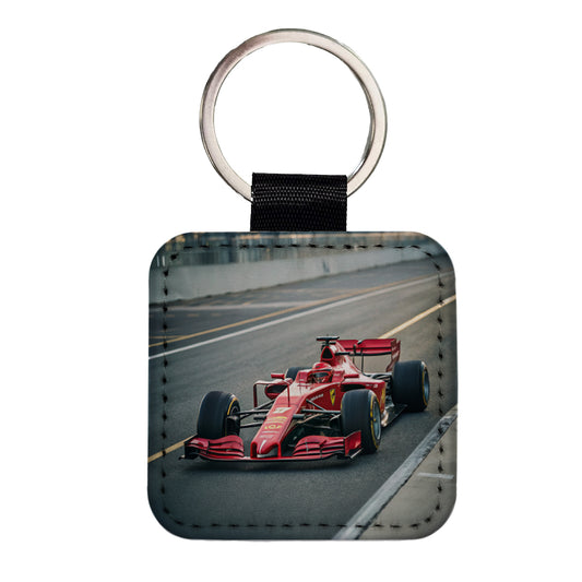 Red Racing Sports Car Square Faux Leather Keychain
