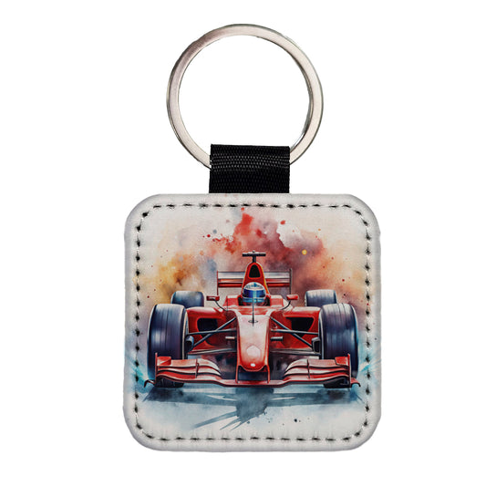Red Sports Racing Car Watercolor Square Faux Leather Keychain