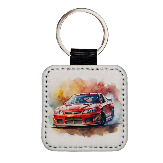 Red Stock Racing Car Watercolor Square Faux Leather Keychain