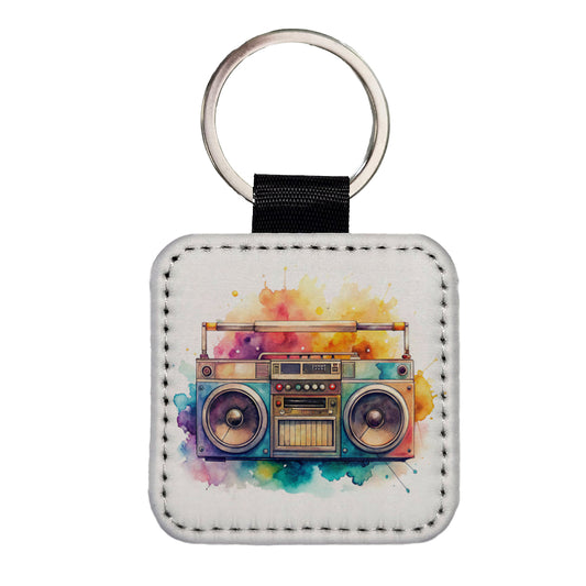 Retro Boom Box Radio Cassette Player Watercolor Square Faux Leather Keychain