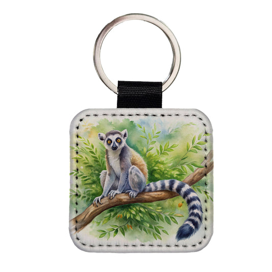 Ring-Tailed Lemur In Tree Watercolor Square Faux Leather Keychain