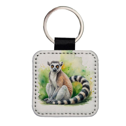 Ring-Tailed Lemur Watercolor Square Faux Leather Keychain