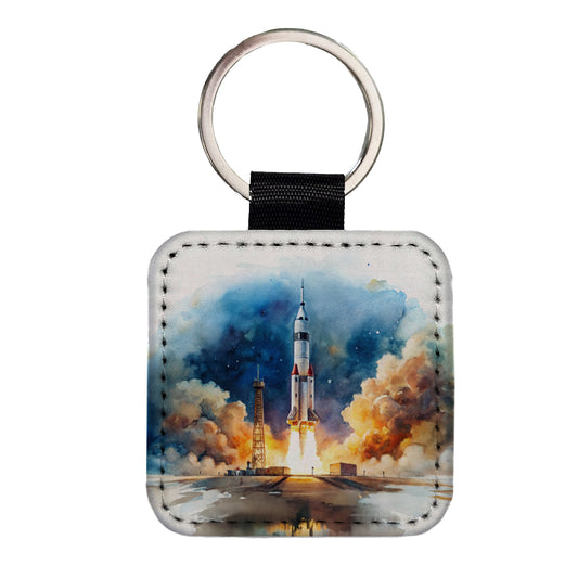 Rocket Spaceship Launch Sci-fi Watercolor Square Faux Leather Keychain