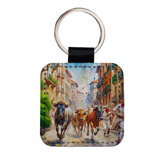 Running of the Bulls in Spain Square Faux Leather Keychain