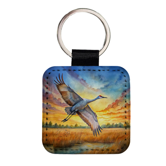 Sandhill Crane In Flight At Sunset Watercolor Square Faux Leather Keychain