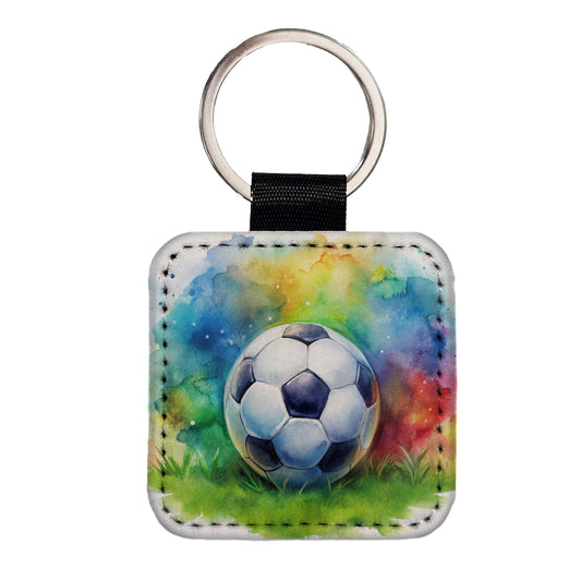 Soccer Ball On Field Watercolor Square Faux Leather Keychain