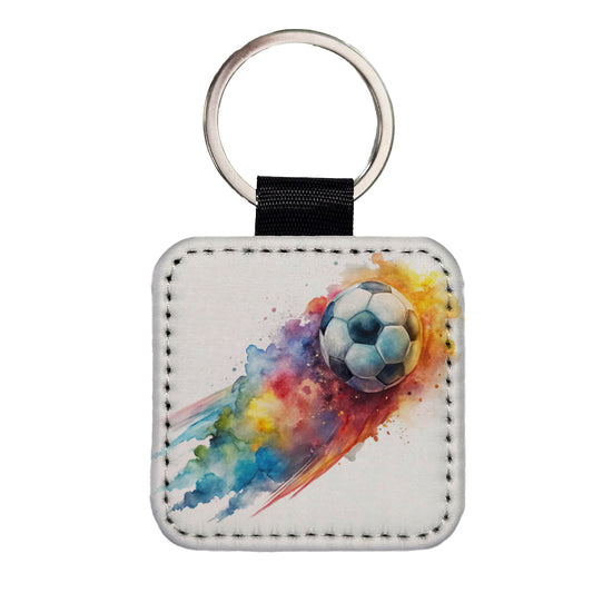 Soccer Ball Rocketing Through The Air Watercolor Square Faux Leather Keychain