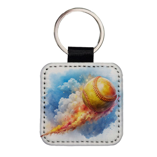 Softball Rocketing Through The Sky Watercolor Square Faux Leather Keychain