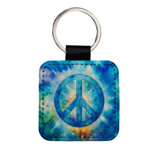 Solid Blue Peace Symbol Tie Dye Background Hippie Watercolor Square Faux Leather Keychain