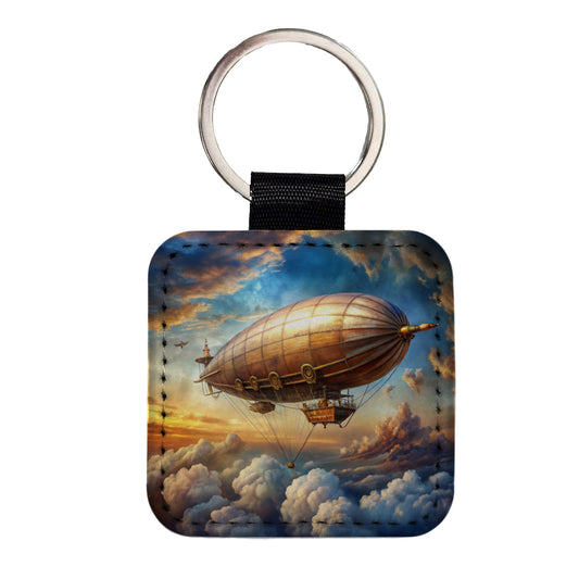Steampunk Airship Dirigible Flying in Cloudy Sky Fantasy Sci-fi Square Faux Leather Keychain