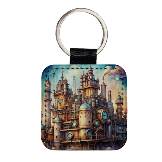 Steampunk Castle City Fantasy Sci-fi Square Faux Leather Keychain
