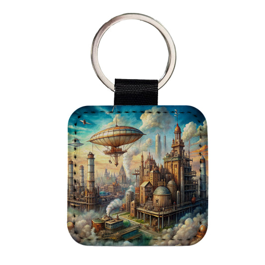 Steampunk City and Airship Fantasy Sci-fi Scene Square Faux Leather Keychain