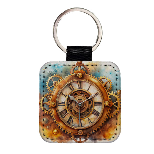 Steampunk Clock Fantasy Sci-fi Watercolor Square Faux Leather Keychain