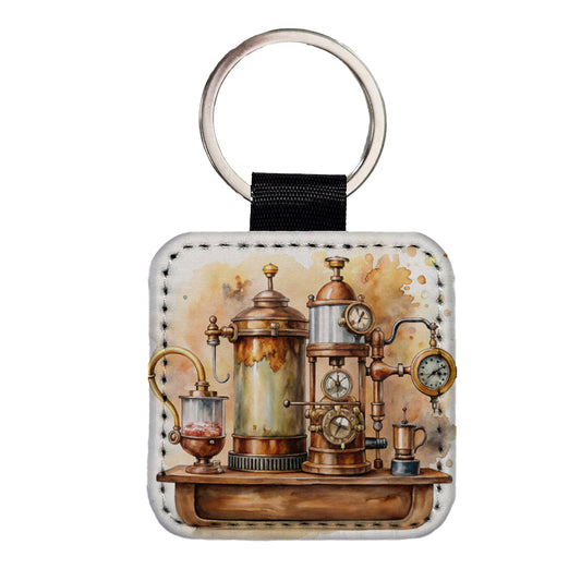 Steampunk Coffee Maker Fantasy Sci-fi Watercolor Square Faux Leather Keychain