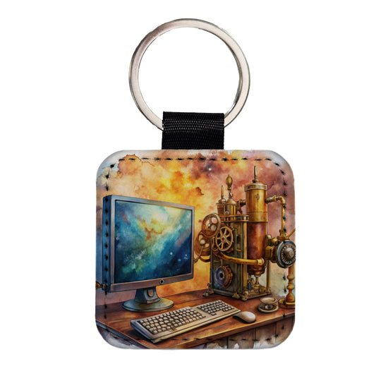 Steampunk Desktop PC Computer Fantasy Sci-fi Watercolor Square Faux Leather Keychain