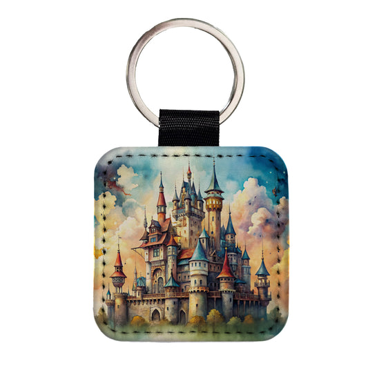Steampunk Fantasy Castle Watercolor Square Faux Leather Keychain