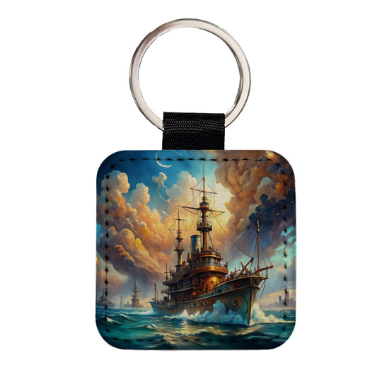 Steampunk Iron Warship Fantasy Sci-fi Watercolor Square Faux Leather Keychain