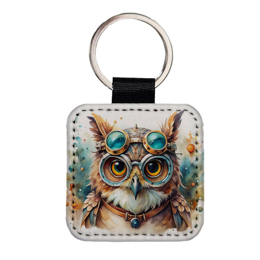 Steampunk Owl With Goggles Fantasy Sci-fi Watercolor Square Faux Leather Keychain