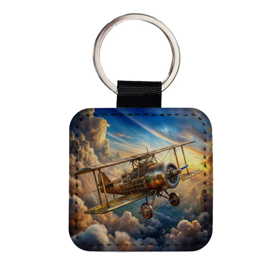 Steampunk Plane Airship in Cloudy Sky Fantasy Sci-fi Square Faux Leather Keychain