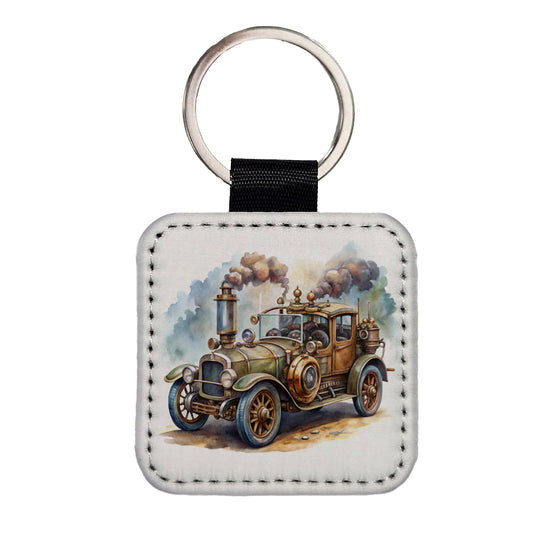 Steampunk Retro Fantasy Sci-fi Car Watercolor Square Faux Leather Keychain