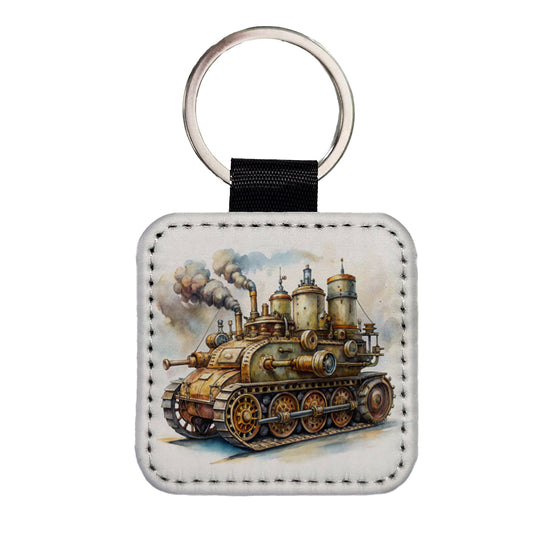 Steampunk Steam Engine Tank Fantasy Sci-fi Square Faux Leather Keychain
