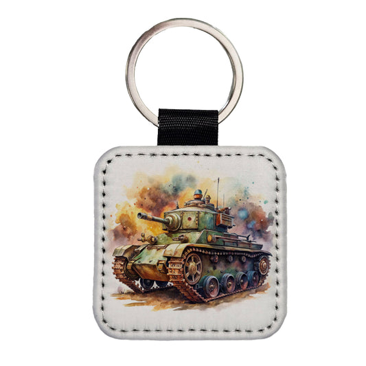 Steampunk Tank Fantasy Sci-fi Watercolor Square Faux Leather Keychain