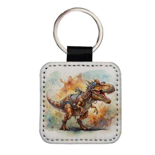 Steampunk T-Rex Dinosaur Fantasy Sci-fi Watercolor Square Faux Leather Keychain
