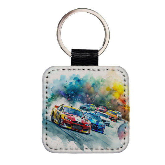 Stock Car Racing Watercolor Square Faux Leather Keychain