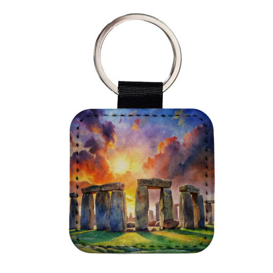 Stonehenge England At Dusk Watercolor Square Faux Leather Keychain