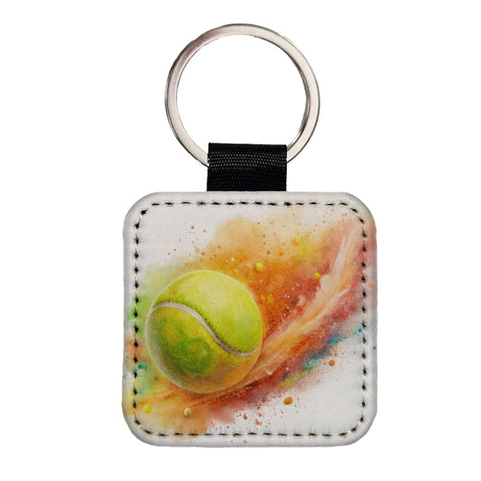 Tennis Ball Rocketing Through The Air Watercolor Square Faux Leather Keychain