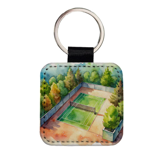 Tennis Court Watercolor Square Faux Leather Keychain