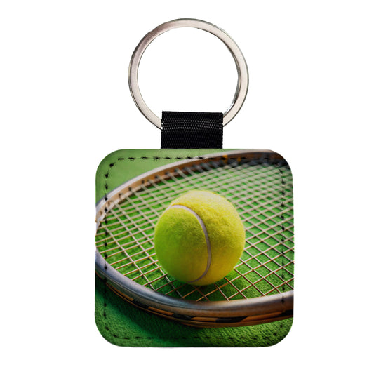 Tennis Racquet and Ball Close-up Square Faux Leather Keychain