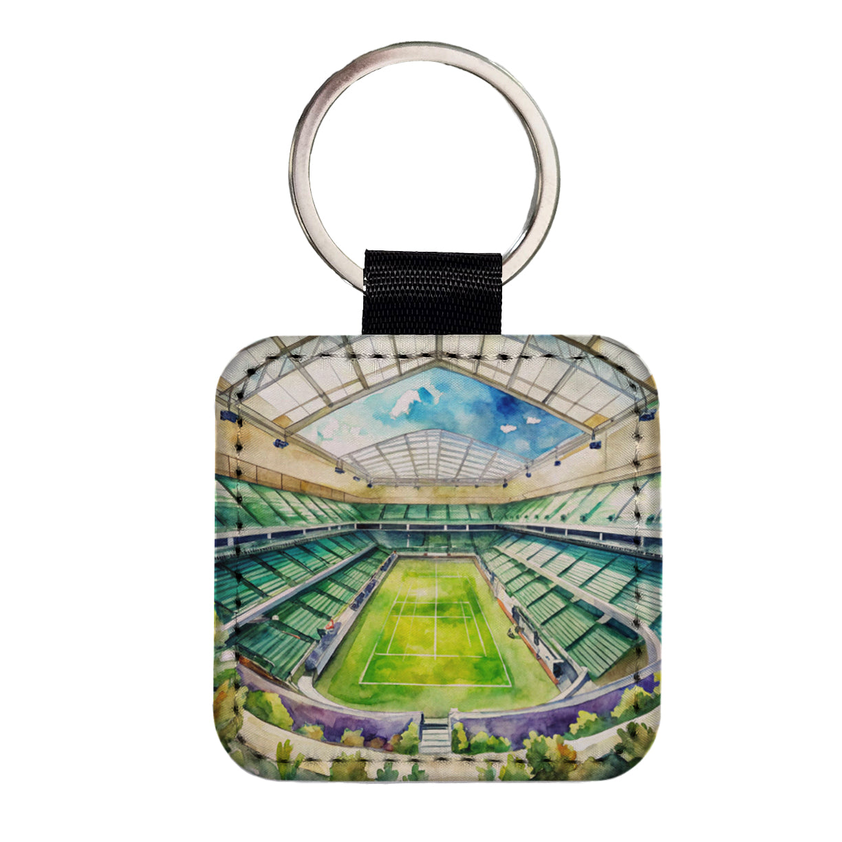Tennis Stadium Center Court Watercolor Square Faux Leather Keychain