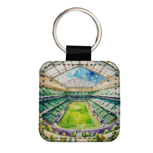 Tennis Stadium Center Court Watercolor Square Faux Leather Keychain