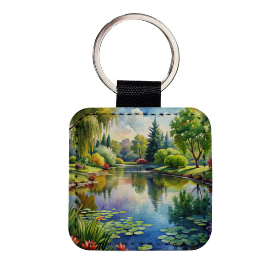 Tranquil Pond Scene Watercolor Square Faux Leather Keychain