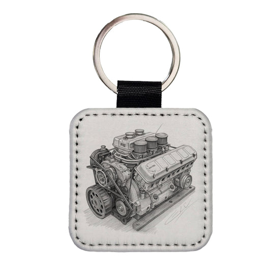 V8 Car Engine Sketch Square Faux Leather Keychain
