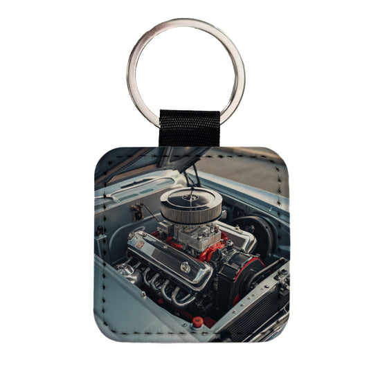 V8 Engine In Classic Muscle Car Square Faux Leather Keychain
